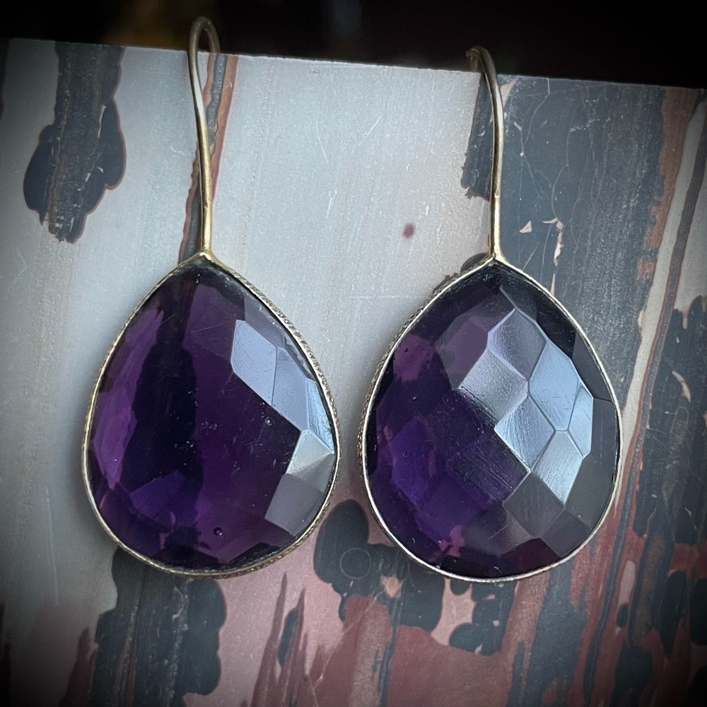 Antique Checker Cut Amethyst Glass Sterling Drop earrings 925